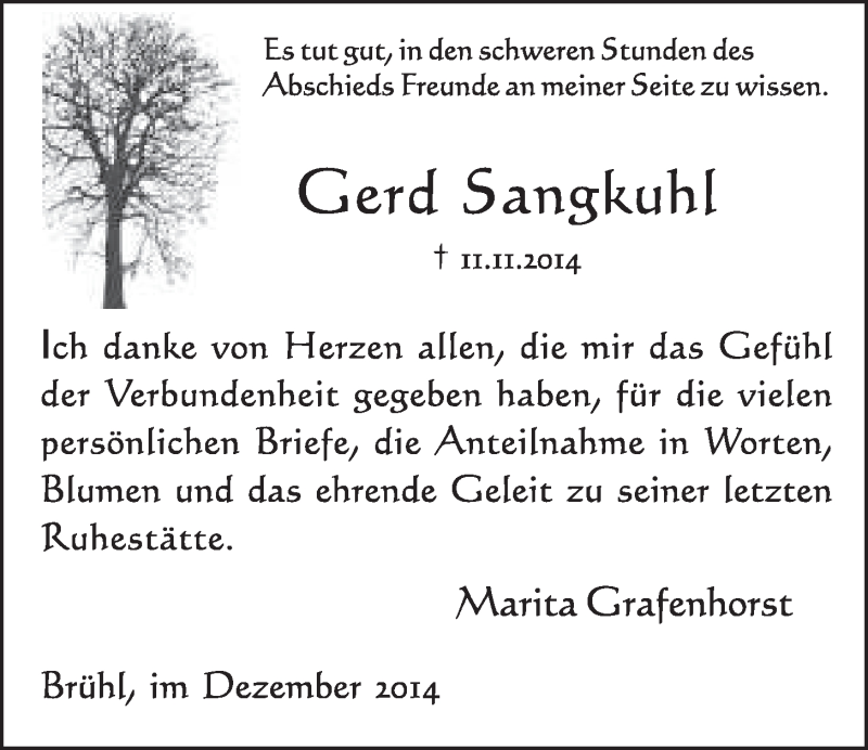  Traueranzeige für Gerd Sangkuhl vom 03.12.2014 aus  Schlossbote/Werbekurier 