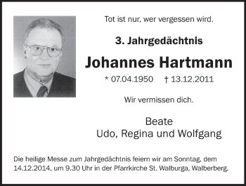 Anzeige von Johannes Hartmann von  Schlossbote/Werbekurier 