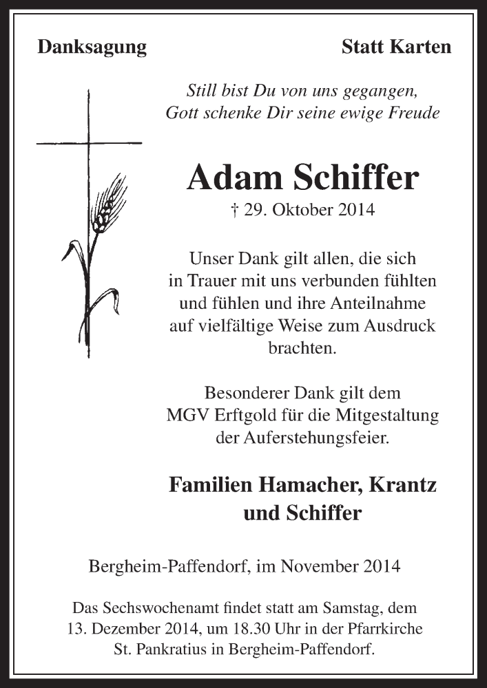  Traueranzeige für Adam Schiffer vom 03.12.2014 aus  Werbepost 