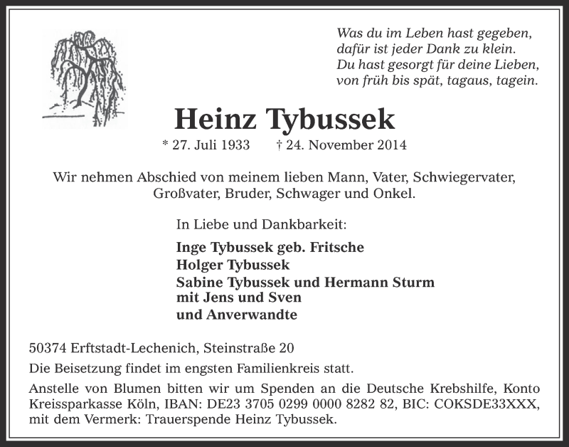 Traueranzeige für Heinz Tybussek vom 03.12.2014 aus  Werbepost 