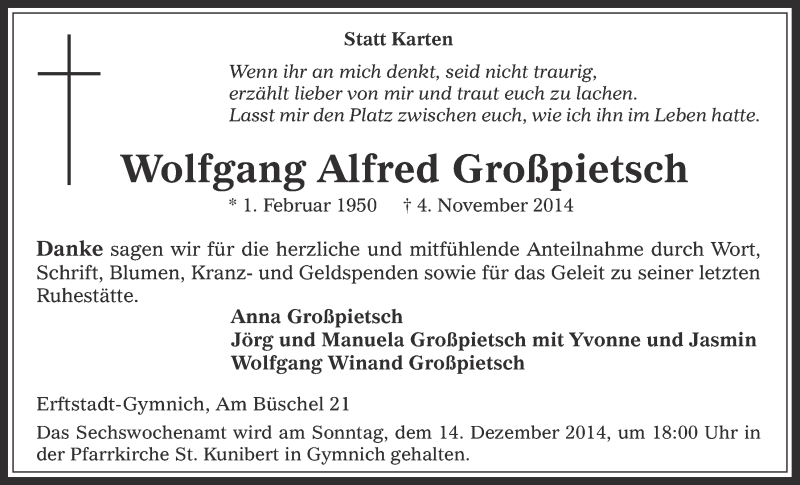  Traueranzeige für Wolfgang Alfred Großpietsch vom 03.12.2014 aus  Werbepost 