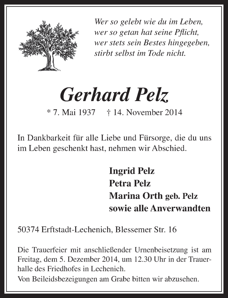  Traueranzeige für Gerhard Pelz vom 03.12.2014 aus  Werbepost 