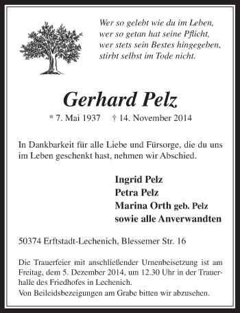 Anzeige von Gerhard Pelz von  Werbepost 