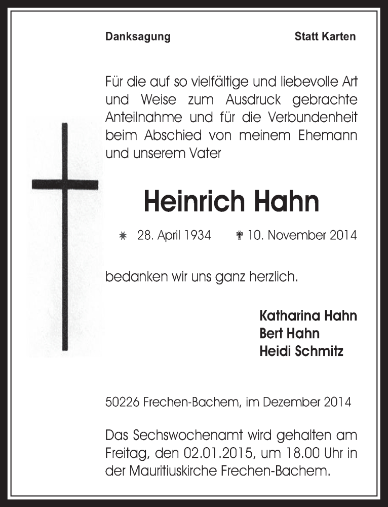  Traueranzeige für Heinrich Hahn vom 03.12.2014 aus  Wochenende 