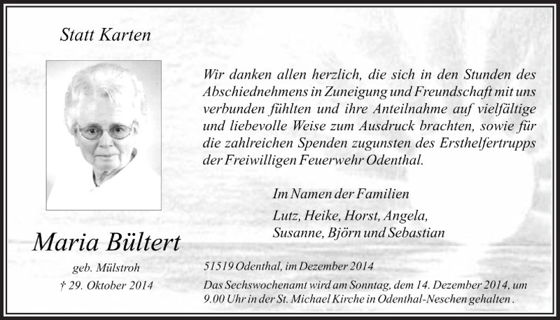  Traueranzeige für Maria Bültert vom 10.12.2014 aus  Bergisches Handelsblatt 
