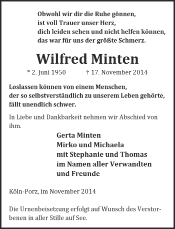 Anzeige von Wilfred Minten von  Kölner Wochenspiegel 