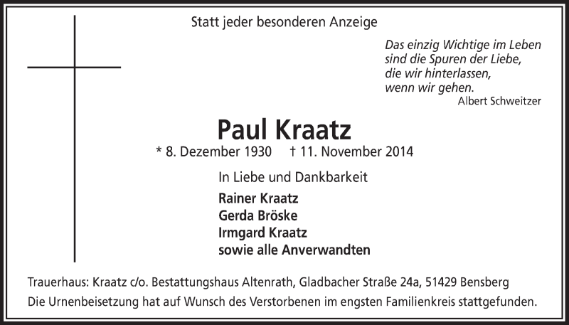  Traueranzeige für Paul Kraatz vom 29.11.2014 aus  Bergisches Sonntagsblatt 