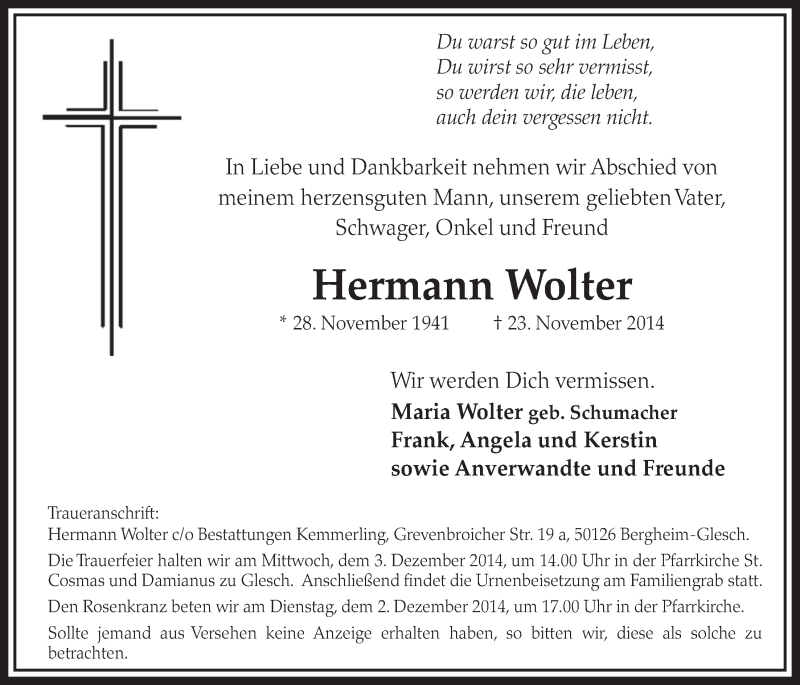  Traueranzeige für Hermann Wolter vom 29.11.2014 aus  Sonntags-Post 