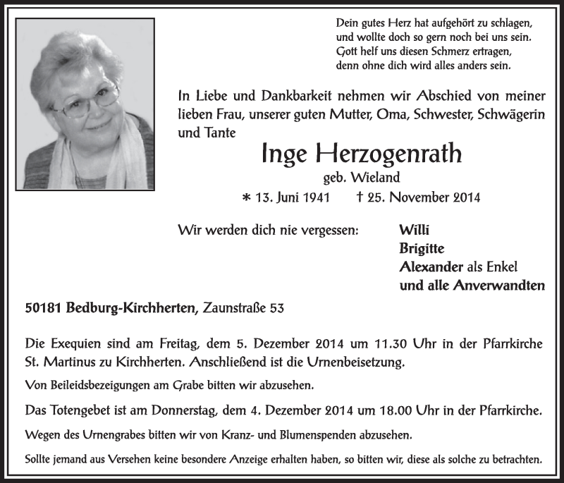  Traueranzeige für Inge Herzogenrath vom 29.11.2014 aus  Sonntags-Post 