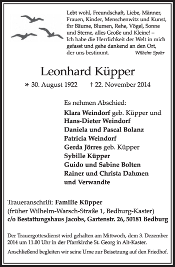 Anzeige von Leonhard Küpper von  Sonntags-Post 