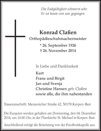 Anzeige von Konrad Claßen von  Sonntags-Post 