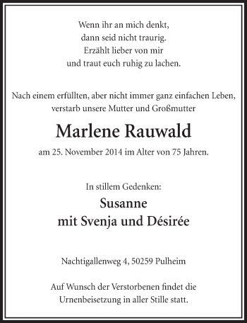 Anzeige von Marlene Rauwald von  Sonntags-Post 
