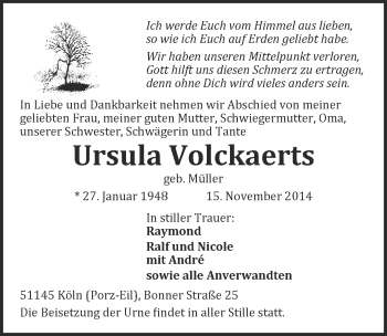 Anzeige von Ursula Volckaerts von  Kölner Wochenspiegel 