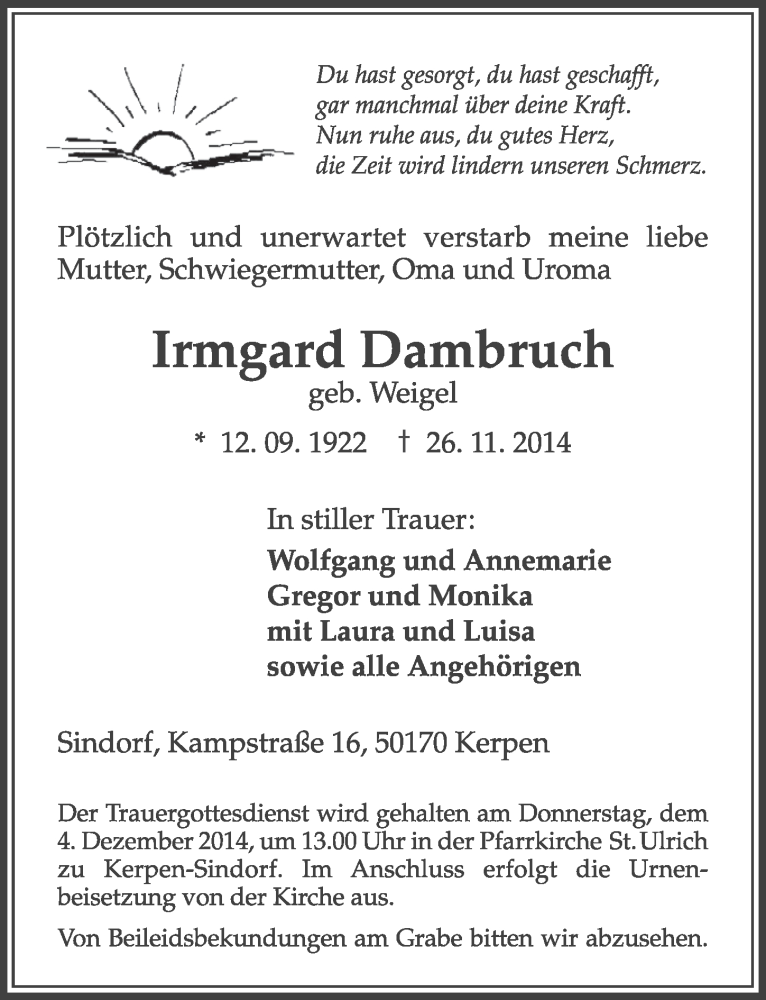  Traueranzeige für Irmgard Dambruch vom 29.11.2014 aus  Sonntags-Post 