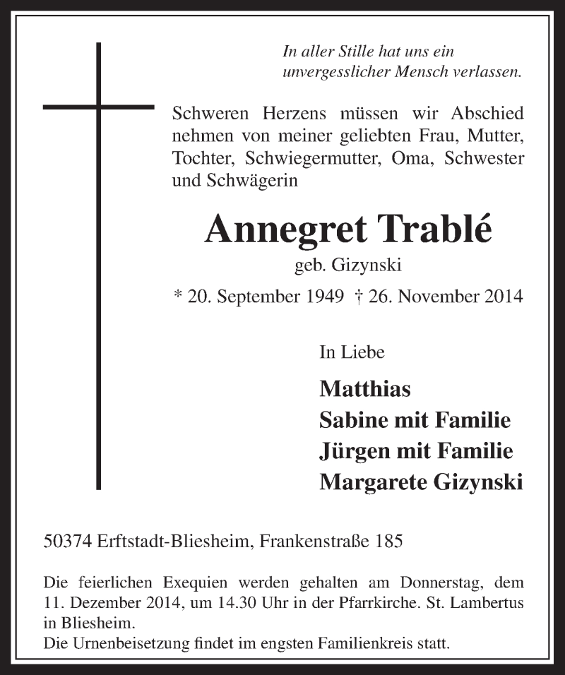  Traueranzeige für Annegret Trablé vom 03.12.2014 aus  Werbepost 