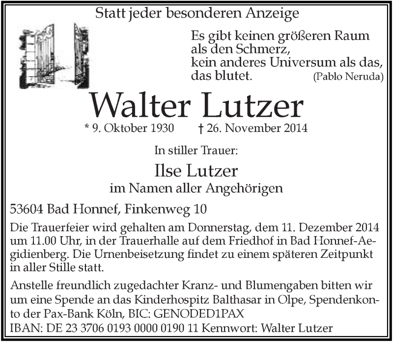  Traueranzeige für Walter Lutzer vom 03.12.2014 aus  Extra Blatt 