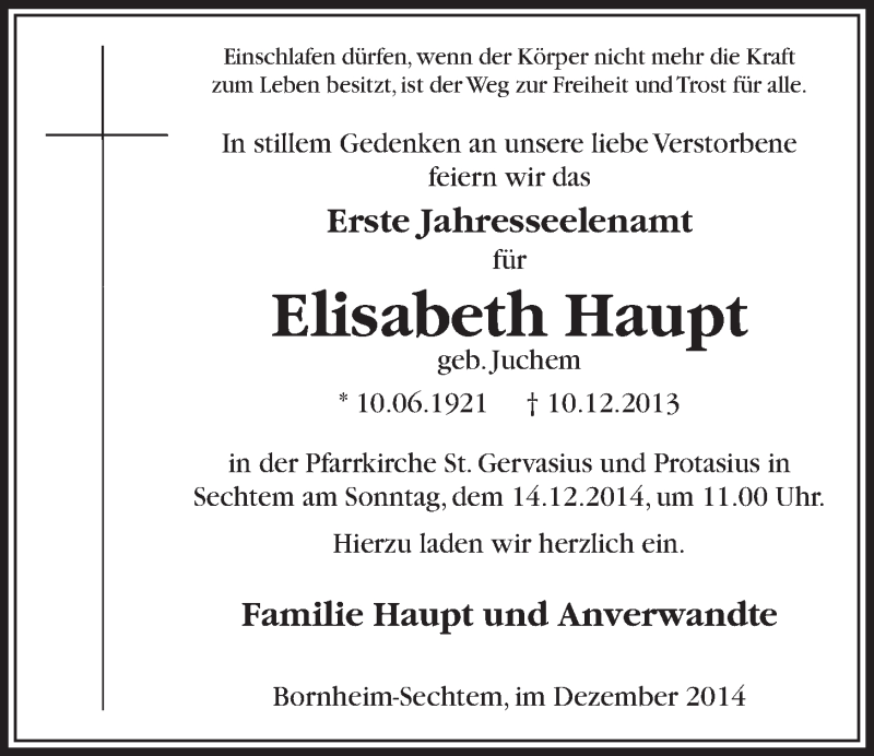  Traueranzeige für Elisabeth Haupt vom 03.12.2014 aus  Schlossbote/Werbekurier 
