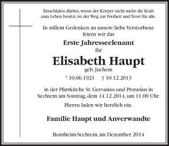 Anzeige von Elisabeth Haupt von  Schlossbote/Werbekurier 
