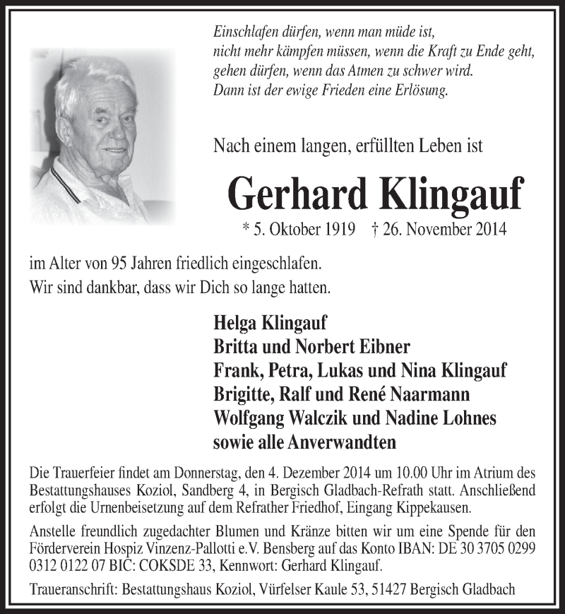  Traueranzeige für Gerhard Klingauf vom 03.12.2014 aus  Bergisches Handelsblatt 