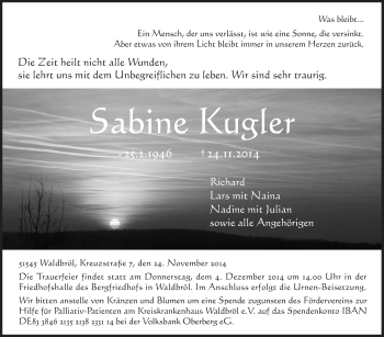 Anzeige von Sabine Kugler von  Lokalanzeiger 