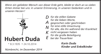 Anzeige von Hubert Duda von  Lokalanzeiger 