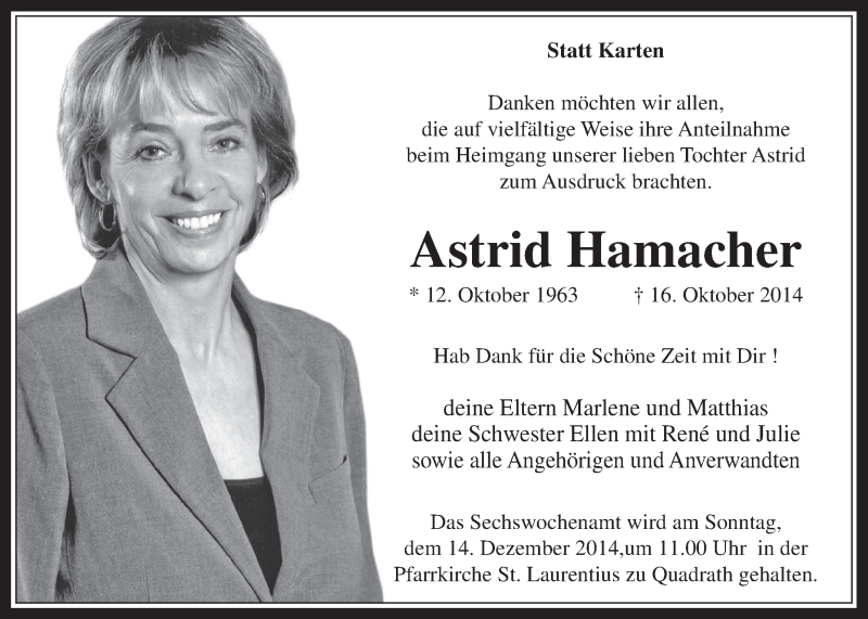  Traueranzeige für Astrid Hamacher vom 10.12.2014 aus  Werbepost 
