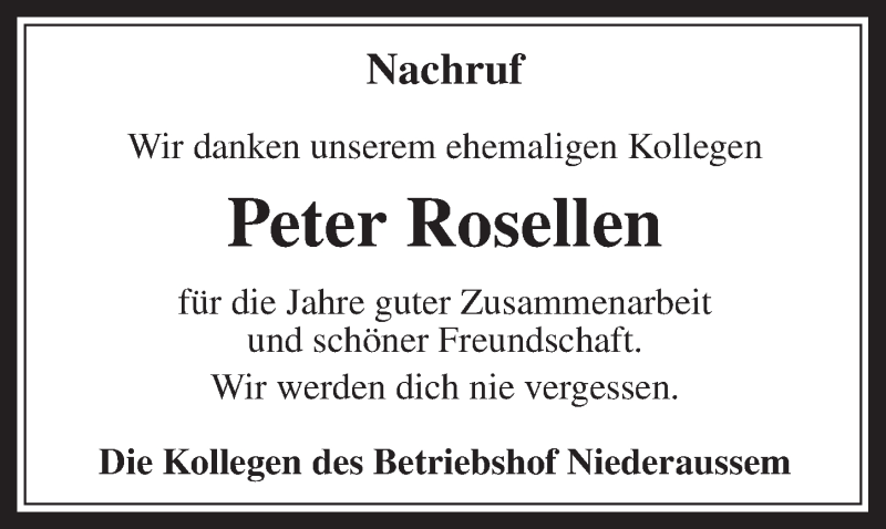  Traueranzeige für Peter Rosellen vom 03.12.2014 aus  Werbepost 