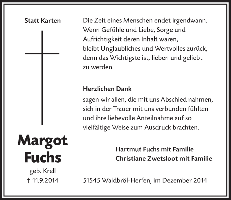 Traueranzeige für Margot Fuchs vom 03.12.2014 aus  Anzeigen Echo  Lokalanzeiger 