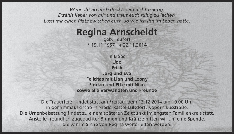  Traueranzeige für Regina Arnscheidt vom 03.12.2014 aus  Extra Blatt 
