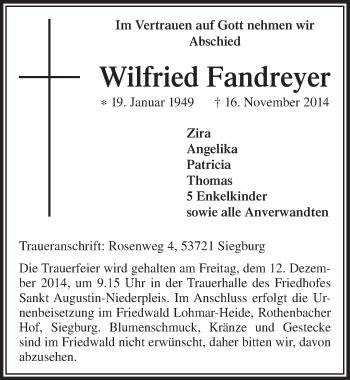 Anzeige von Wilfried Fandreyer von  Rhein-Sieg-Wochenende 
