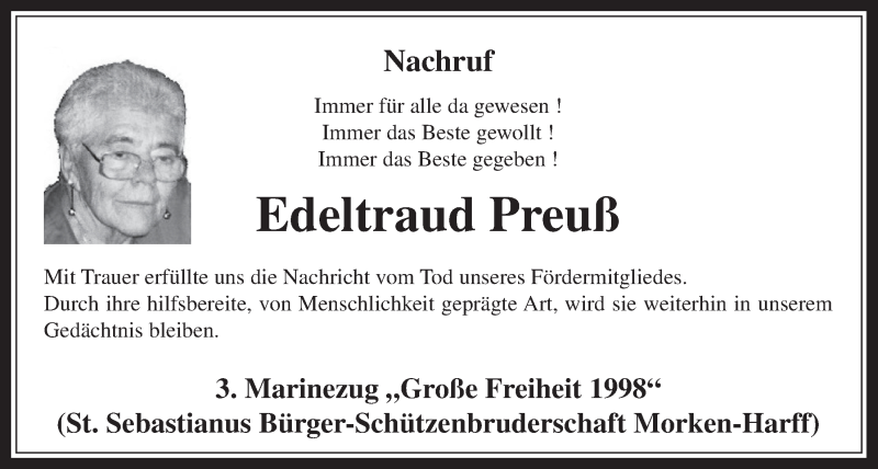  Traueranzeige für Edeltraud Preuß vom 03.12.2014 aus  Werbepost 