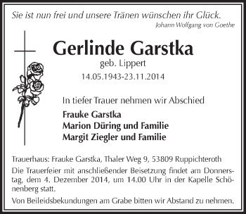 Anzeige von Gerlinde Garstka von  Lokalanzeiger 