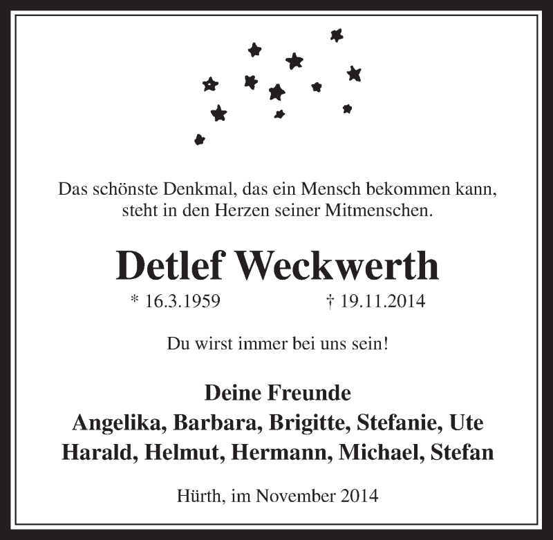  Traueranzeige für Detlef Weckwerth vom 03.12.2014 aus  Wochenende 