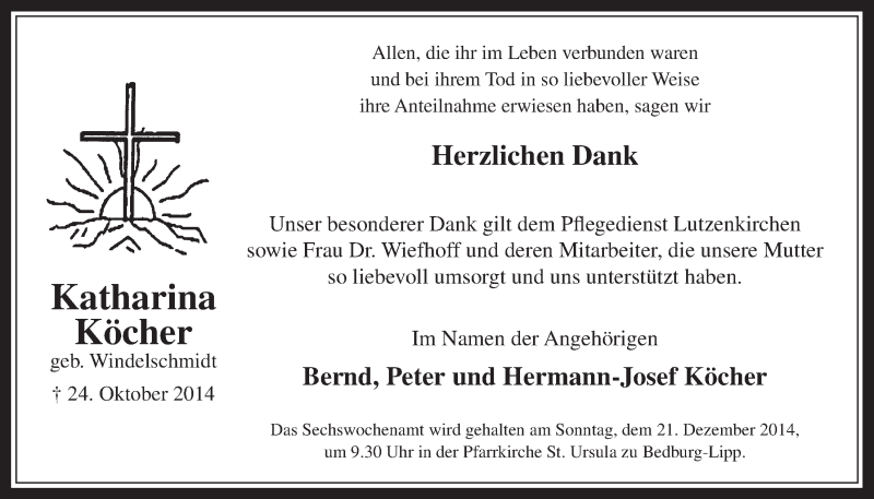  Traueranzeige für Katharina Köcher vom 03.12.2014 aus  Werbepost 