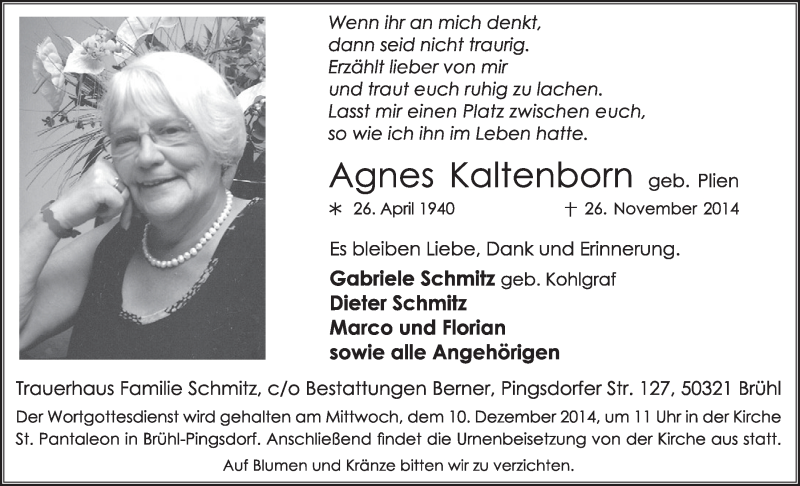  Traueranzeige für Agnes Kaltenborn vom 03.12.2014 aus  Schlossbote/Werbekurier 