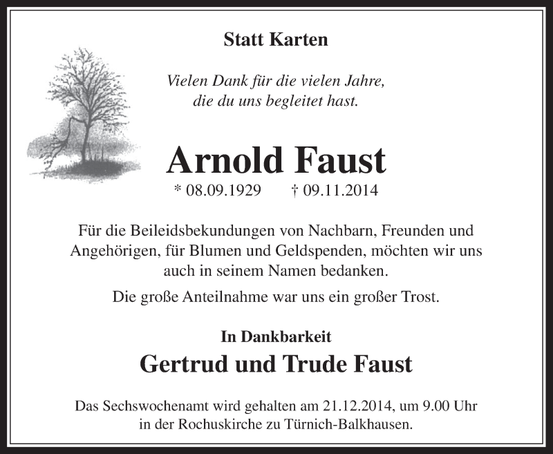  Traueranzeige für Arnold Faust vom 10.12.2014 aus  Werbepost 