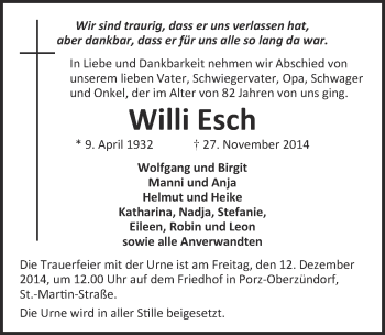 Anzeige von Willi Esch von  Kölner Wochenspiegel 