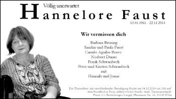 Anzeige von Hannelore Faust von  Kölner Wochenspiegel 