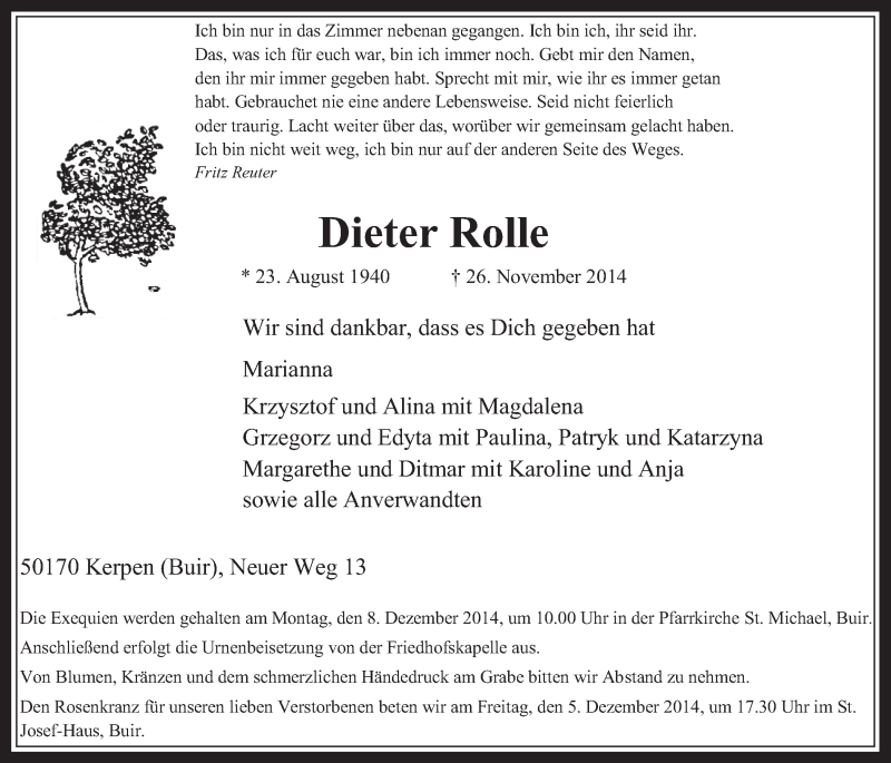  Traueranzeige für Dieter Rolle vom 03.12.2014 aus  Werbepost 