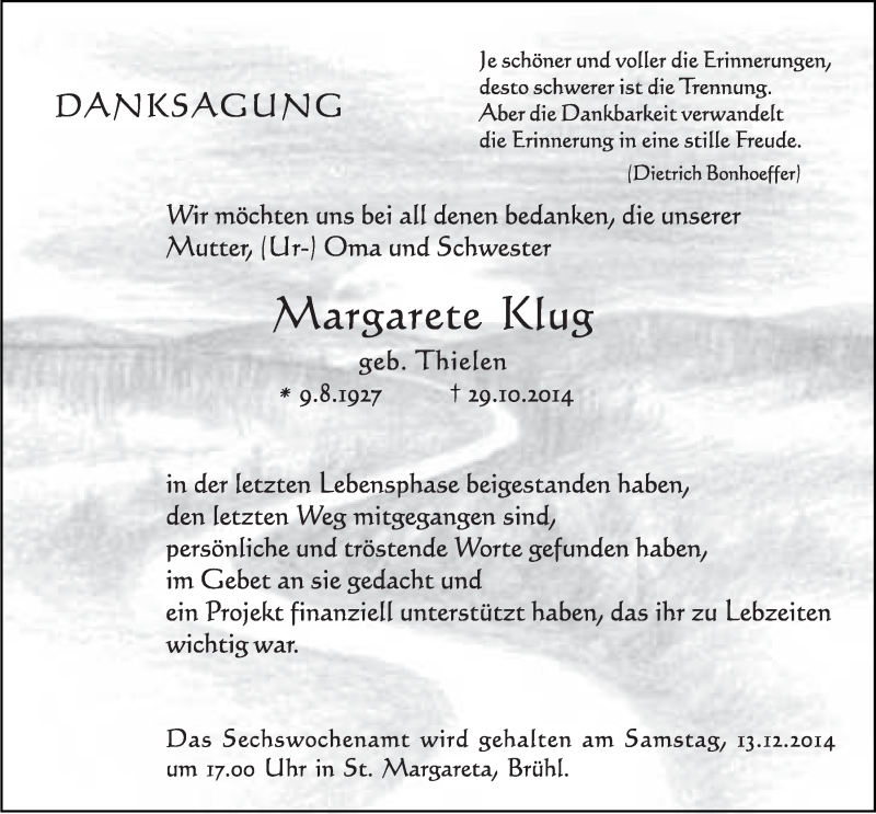 Traueranzeige für Margarete Mus vom 03.12.2014 aus  Schlossbote/Werbekurier 