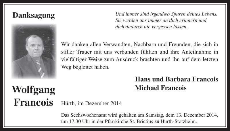  Traueranzeige für Wolfgang Francois vom 03.12.2014 aus  Wochenende 