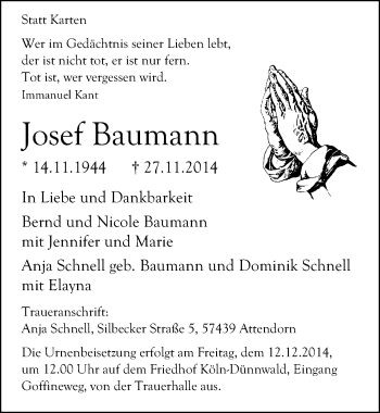 Anzeige von Josef Baumann von  Kölner Wochenspiegel 