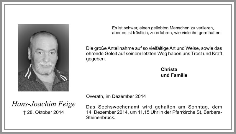  Traueranzeige für Hans-Joachim Feige vom 03.12.2014 aus  Bergisches Handelsblatt 