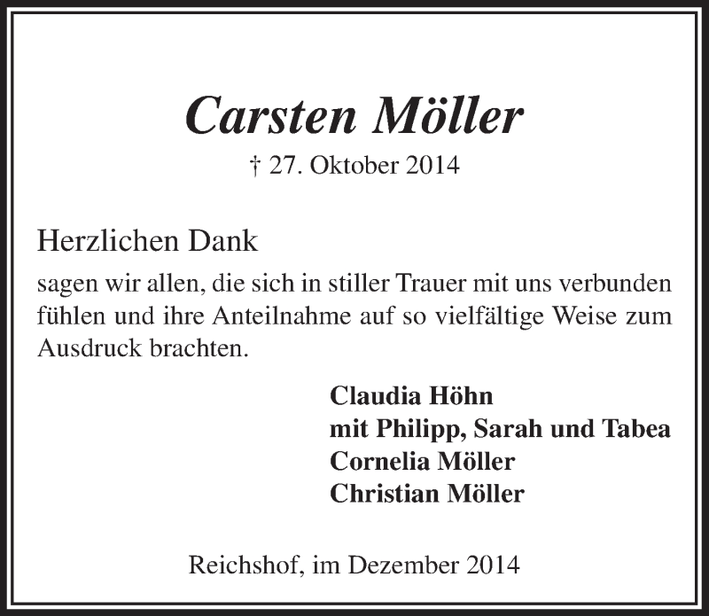 Traueranzeige für Carsten Möller vom 03.12.2014 aus  Lokalanzeiger 