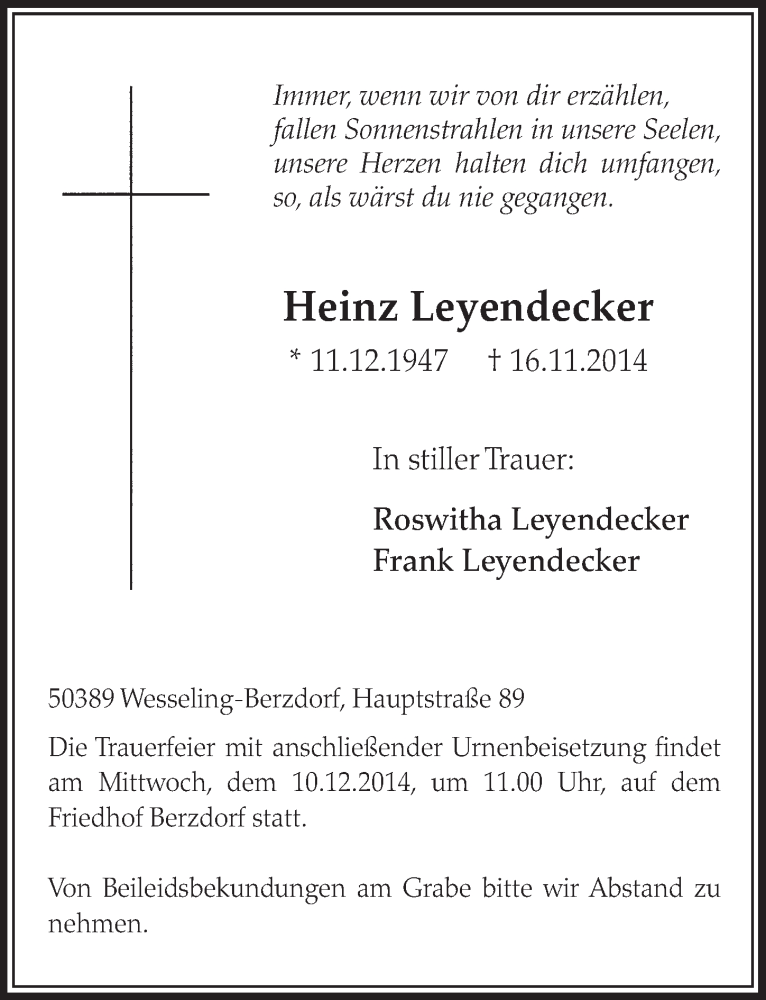  Traueranzeige für Heinz Leyendecker vom 03.12.2014 aus  Schlossbote/Werbekurier 