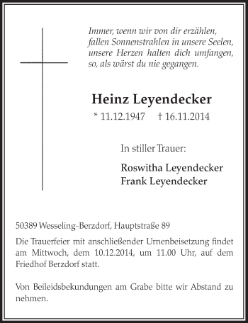 Anzeige von Heinz Leyendecker von  Schlossbote/Werbekurier 
