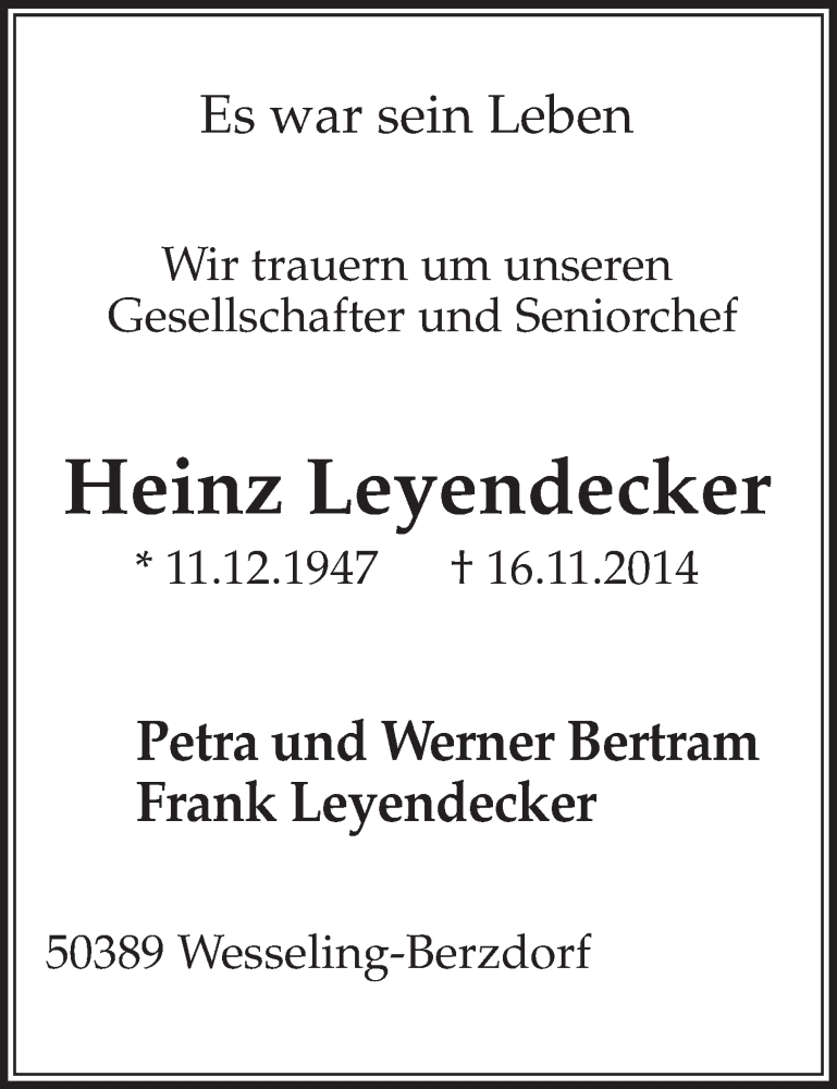  Traueranzeige für Heinz Leyendecker vom 03.12.2014 aus  Schlossbote/Werbekurier 