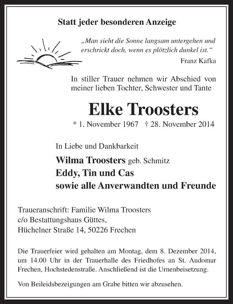  Traueranzeige für Elke Troosters vom 03.12.2014 aus  Wochenende 