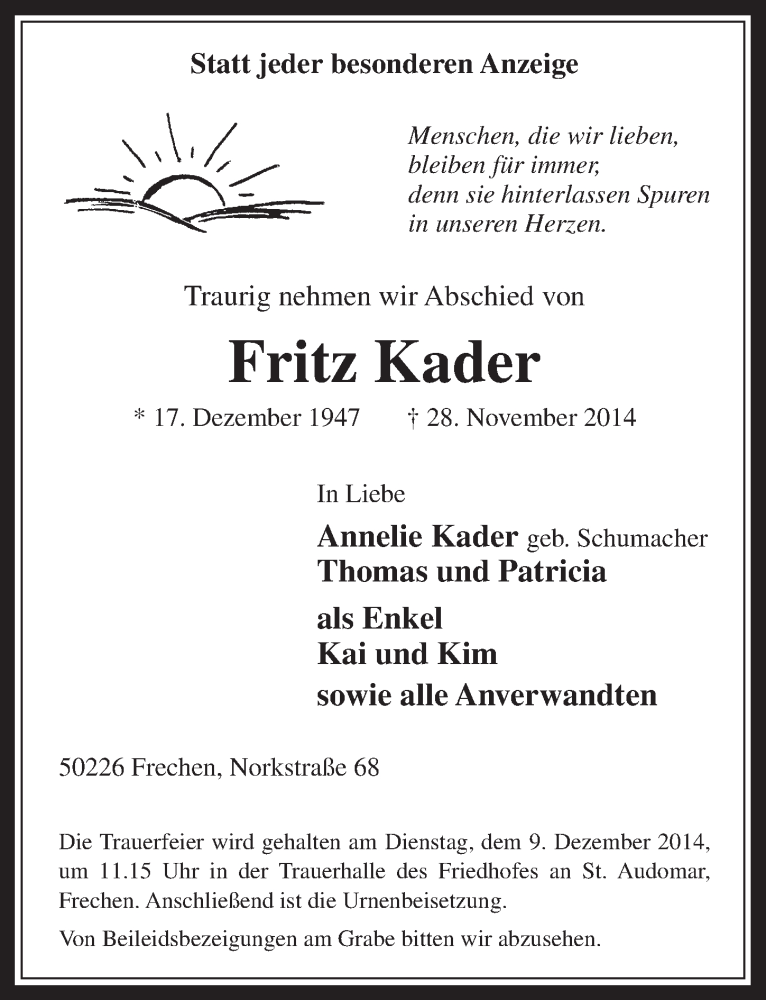  Traueranzeige für Fritz Kader vom 03.12.2014 aus  Wochenende 