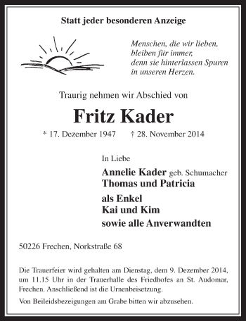 Anzeige von Fritz Kader von  Wochenende 
